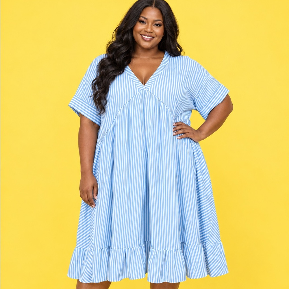 Light Blue & White Striped V-Neck Midi Dress